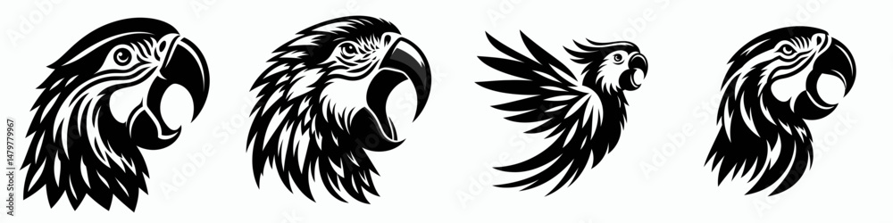 Obraz premium Parrot. Roar Fierce Aggressive Strong Open Mouth Strength Clipart silhouette Vector Illustration. Avian mimic exotic bird tropical pet colorful plumage feathered companion.