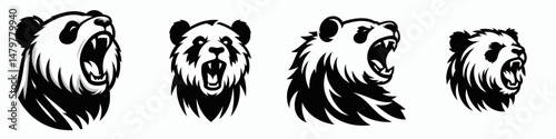 Panda. Roar Fierce Aggressive Strong Open Mouth Strength Clipart silhouette Vector Illustration. Bear bamboo devourer conservation concern threatened fauna wild creature.