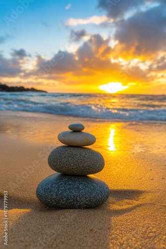 Stacked Stones on Sandy Beach at Sunset Golden Hour Serene Zen Balance Meditation Concept Close Up Shot