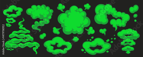 Cartoon green gas cloud and stink smoke vector in various puffy, smelly shapes on dark background. Stink cloud and gas smoke cartoon style. Perfect for comics, stickers, kids books