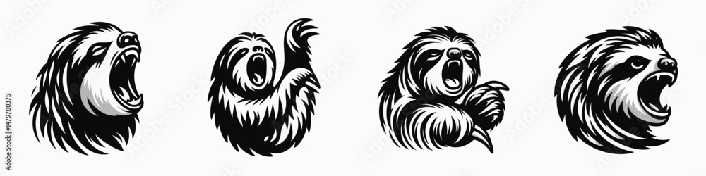 Fototapeta premium Sloth. Roar Fierce Aggressive Strong Open Mouth Strength Clipart silhouette Vector Illustration. Slow arboreal mammal a study of sluggishness torpor and gentle nature.