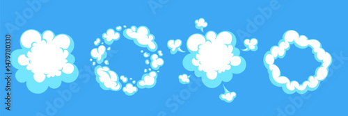 Cartoon smoke puff and comic boom cloud elements on bright blue background. Puff and cloud shapes, comic style explosion. Great for game effects, kids media, comics, posters.