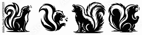 Skunk. Roar Fierce Aggressive Strong Open Mouth Strength Clipart silhouette Vector Illustration. Striped polecat identifying repelling observing a mammal from nature.