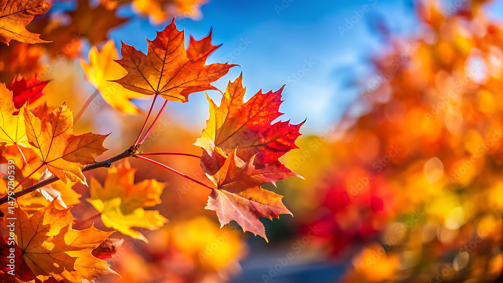 Autumnal maple leaves in vibrant colors against a clear blue sky and sunlight Autumnal maple leaves in vibrant colors against a clear blue sky and sunlight