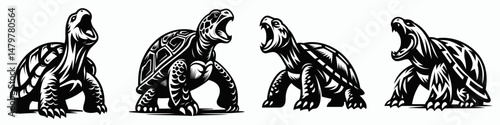 Turtle. Roar Fierce Aggressive Strong Open Mouth Strength Clipart silhouette Vector Illustration. Shelled reptile explore aquatic creature coastal wildlife defense adaptation nature.