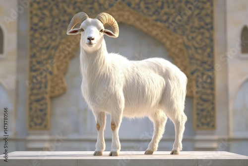 White ram standing proudly on a platform.