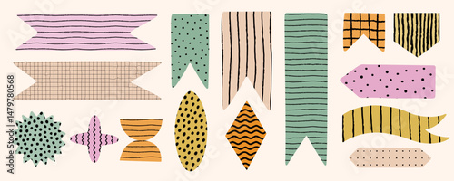 Pastel abstract shape, sticker, and banner set with hand drawn retro pattern. Perfect for paper notes, memo design, bookmark decoration, scrapbooking, and creative graphic projects
