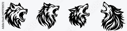 Wolf. Roar Fierce Aggressive Strong Open Mouth Strength Clipart silhouette Vector Illustration. Canine predator explore untamed nature lupine behavior and fauna preservation.