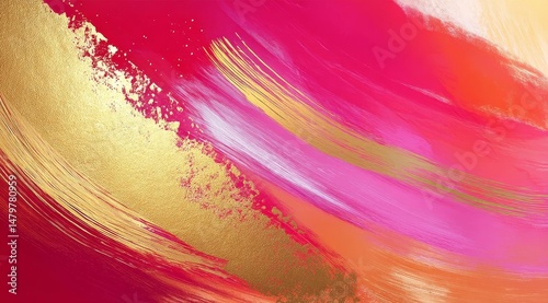 Abstract Art with Gold and Pink Brush Strokes
