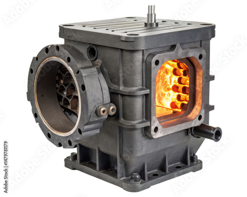 Industrial metal furnace with glowing fire inside on a transparent background