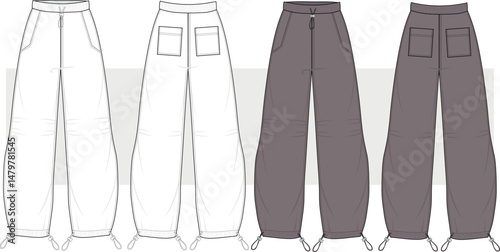 Women's High Waisted Baggy Cargo Jogger Pants, Trousers technical  fashion drawing, flat sketch, illustration.  Front and back view. Cad, Mockup. 