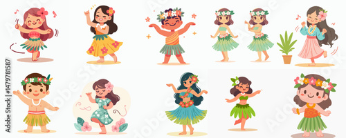 cartoon illustration of people dancing Hawaiian