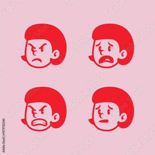 Cute cartoon character face set with four playful expressions on pink background. Flat red vector style for stickers, emoji, comics, or children’s designs.
