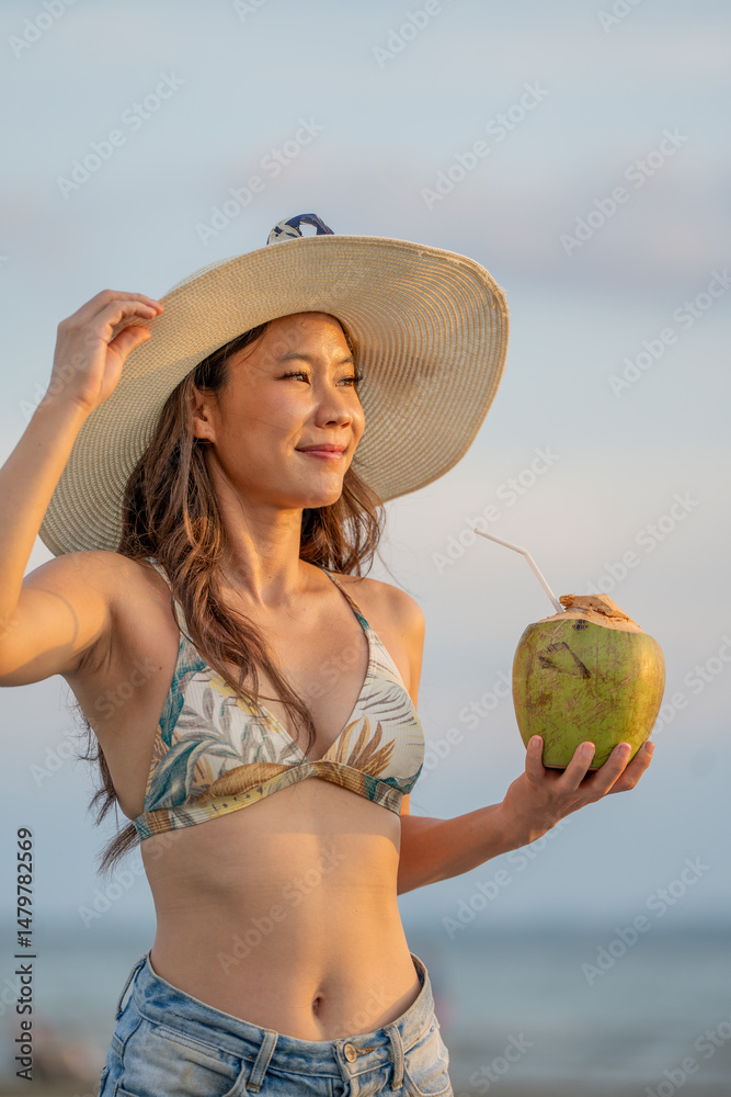 custom made wallpaper toronto digitalBeautiful woman In Bikini at the beach Woman holding tropical fruits, Pinrapple and watermelon on tropical beach day. Exotic vacation, sea voyage, summer holidays concept. Tourist Girl