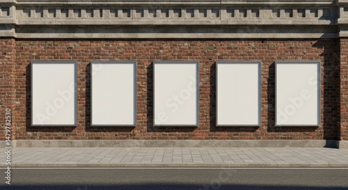 Five blank advertising billboards mounted on an old brick building facade