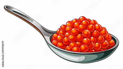 A gleaming silver spoon holds a vibrant mound of red salmon caviar, each glossy grain glistening like a precious gem. The clarity of each pearl-like sphere is showcased perfectly against the transpare