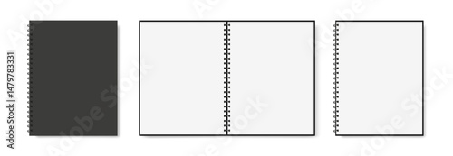 blank notebook mockup with metal spirals with black cover, place for text, in closed and openend view, white background