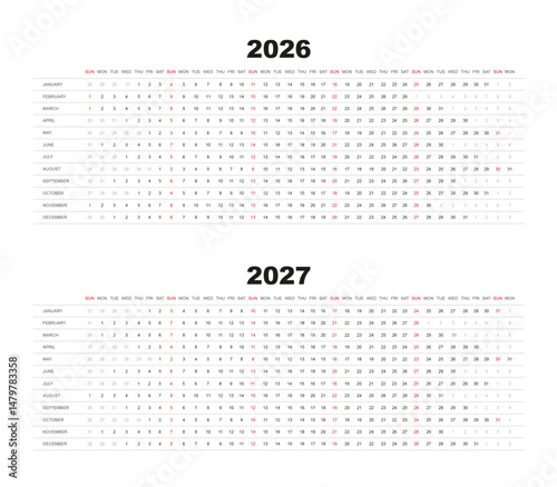 2026, 2027 calendar template, horizontal dates design on white background, sundays marked red, 