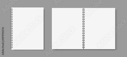 blank white spiral binder notebook mockup, place for text, in closed and openend view, gray background
