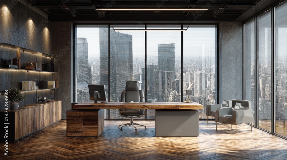 Fototapeta premium Modern Executive Office with Panoramic City View