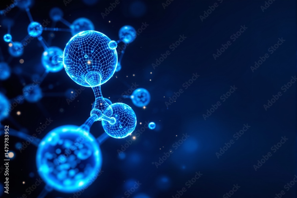 Obraz premium Glowing blue molecular structure with digital mesh style on a dark blue background, representing a futuristic science and technology concept. Ai generative