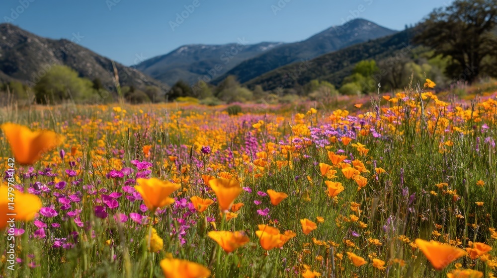 Fototapeta premium Vibrant Wildflower Meadow in Mountain Valley
