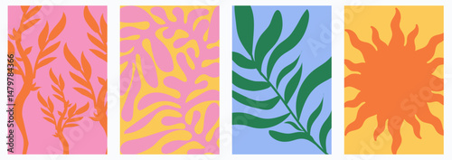 Wallpaper Mural Bold abstract nature illustrations with tropical leaves and sun symbols in flat vector modern composition Torontodigital.ca