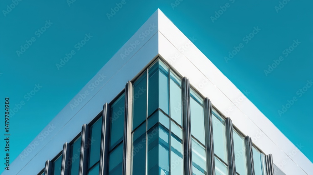 Fototapeta premium Modern architectural design showcased in a striking building corner against a clear blue sky during midday
