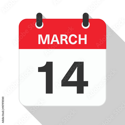 March 14 Daily Calendar. Red Theme on White Background