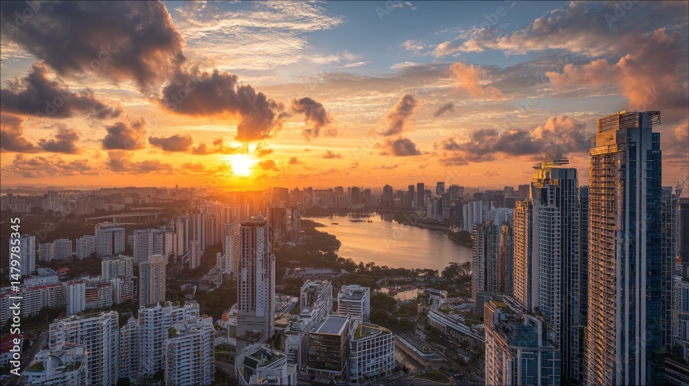 Fototapeta premium Singapore Skyline at Sunrise: A Golden Cityscape