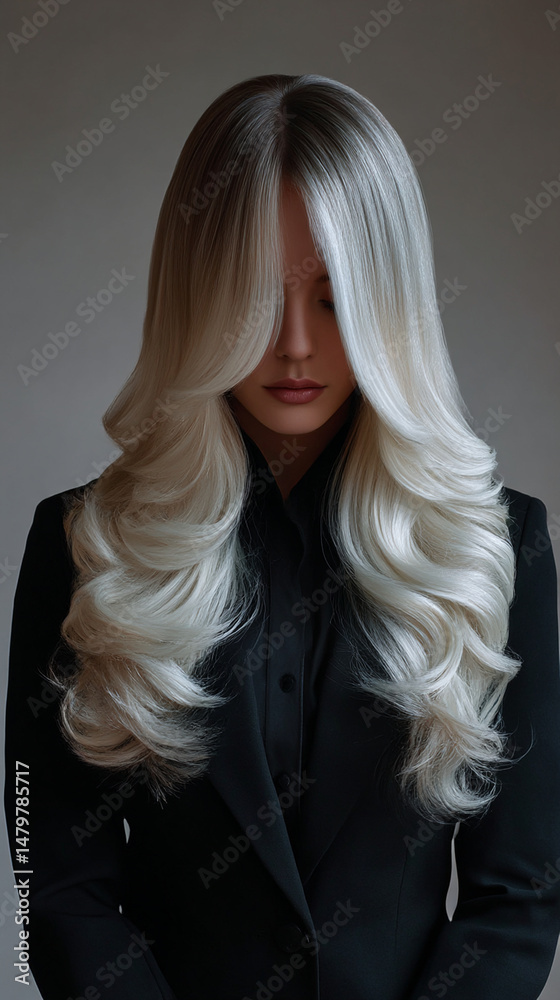 Obraz premium Beautiful blonde with incredibly long flowing white and grey ombre hair covering the entire top half of her face and not her eyes