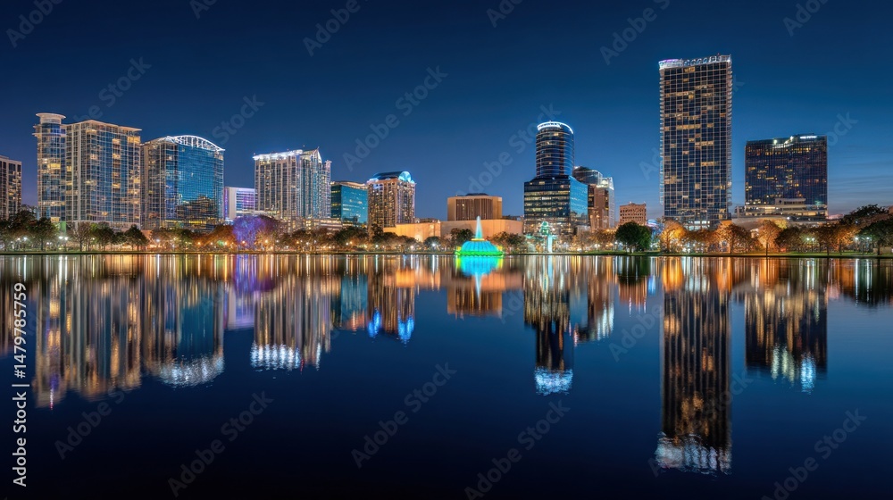 Fototapeta premium Lake Eola Park Skyline Reflection: Orlando's Dazzling Nightscape