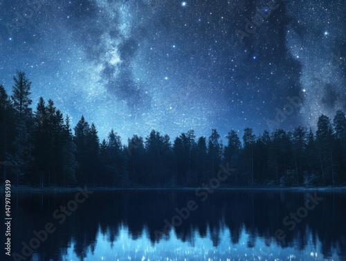 Majestic Milky Way over Forest Lake at Night Reflecting Stars in Water Surface Serene Landscape Scenery