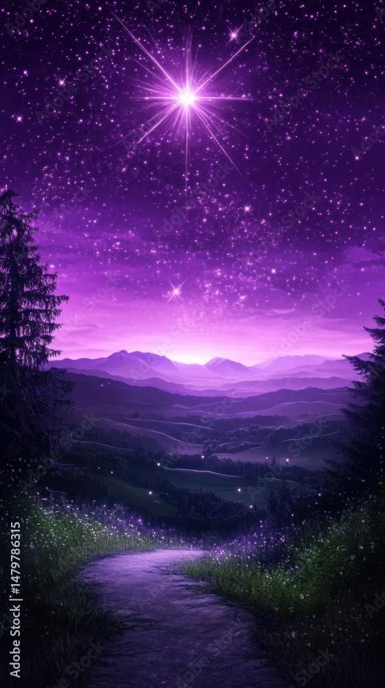 Naklejka premium Dreamy Purple Starry Night Sky Over Mountain Landscape with Winding Path and Trees, Fantasy Art Style, Nature Scene