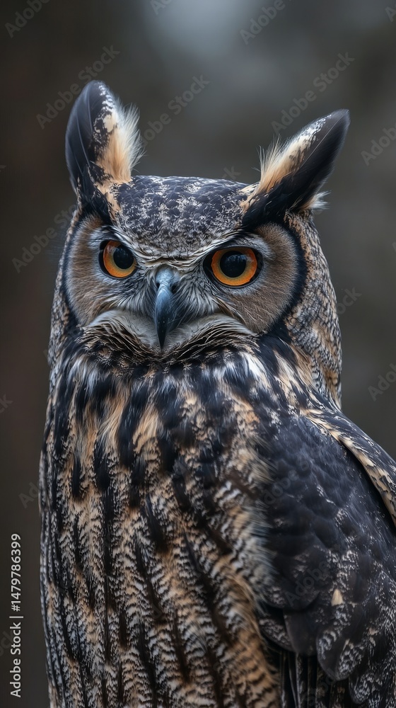 Fototapeta premium Close up portrait of a majestic owl with sharp yellow eyes.