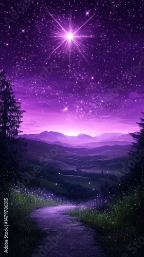 Dreamy Purple Starry Night Sky Over Mountain Landscape with Winding Path and Trees, Fantasy Art Style, Nature Scene