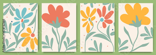 Set of colorful floral abstract poster with bold minimalist flowers in modern pastel mid century style