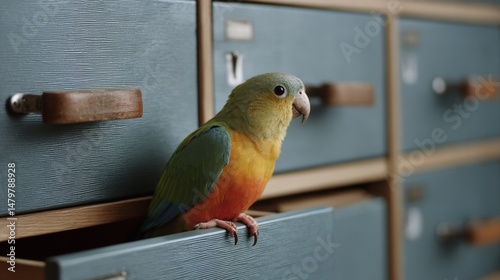 A parrot perches curiously in a partially open drawer, its vibrant plumage contrasting the subdued wooden cabinets.