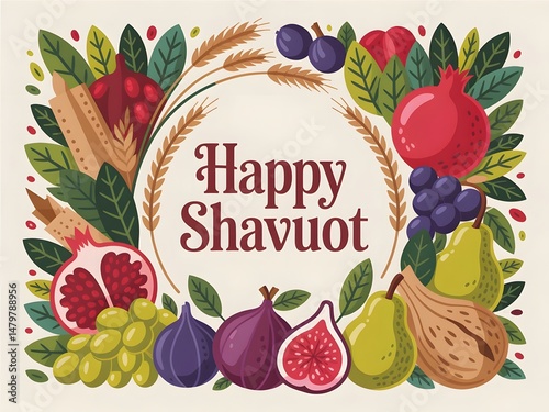 Happy shavuot greeting card illustration featuring pomegranates grapes figs and wheat