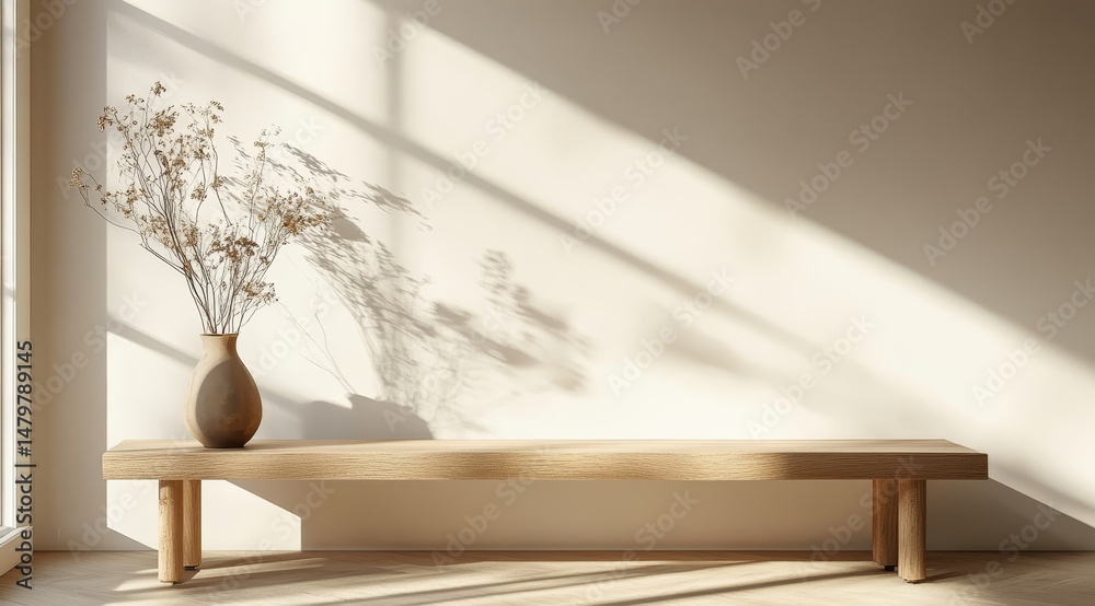 Fototapeta premium Minimalist Interior with Wooden Bench and Vase