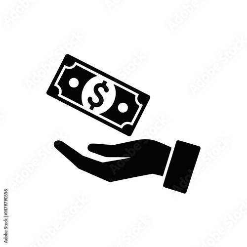 A silhouette of an open hand is depicted with a dollar bill hovering above it, suggesting a concept related to financial transactions.
