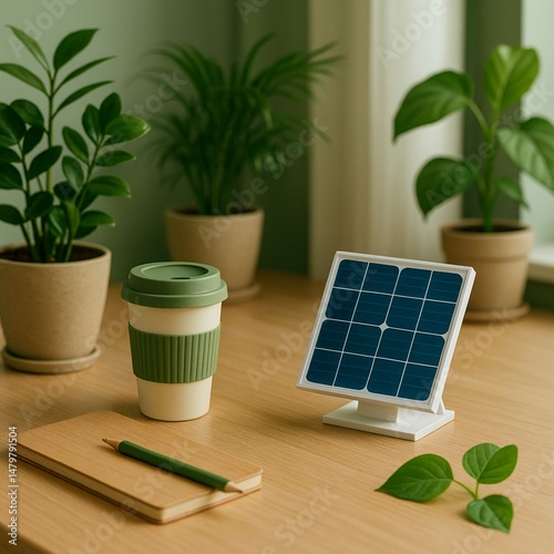 Eco-Friendly Workspace with Solar Panel and Green Essentials
