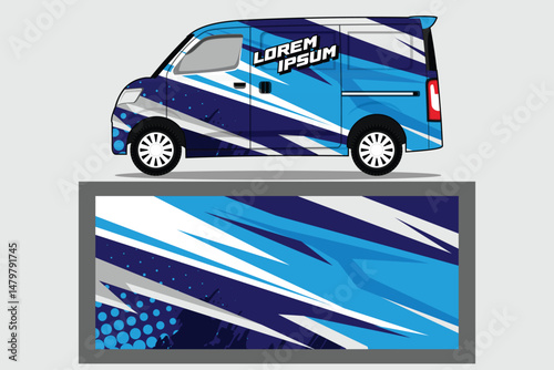 van car decal design vector. cargo van body livery decal in blue color combinations Background template EPS 10