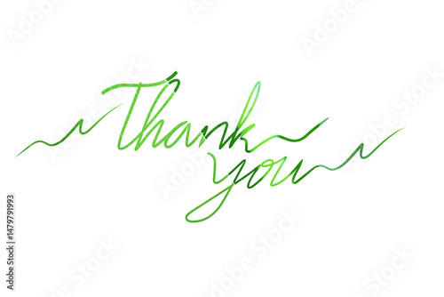 Elegant handwritten thank you in green watercolor brush script with minimalistic wave accents, perfect for greeting cards, invitations, and nature-inspired themes. Png transparent illustration