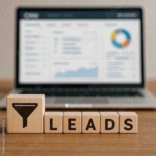 Wooden cubes forming 'LEADS' with funnel icon cutout, laptop and CRM dashboard blurred behind