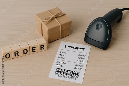 Mini parcel box beside blocks spelling 'ORDER', ecommerce receipt and barcode scanner in scene