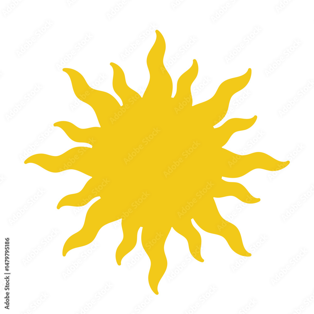 Flat yellow sun icon with wavy rays isolated on white background in simple summer weather symbol design Flat yellow sun icon with wavy rays isolated on white background in simple summer weather symbol design