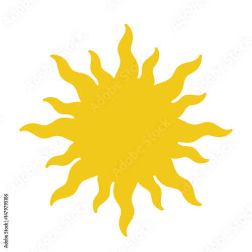 Flat yellow sun icon with wavy rays isolated on white background in simple summer weather symbol design