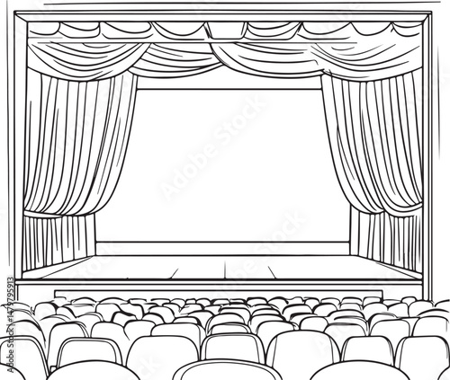 Theater Stage line art Illustration, Curtains and Empty Seats, Hand-Drawn Performance Scene vector art illustration. outline drawing theater stage with certain chair	