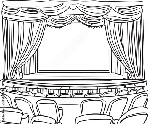Theater Stage line art Illustration, Curtains and Empty Seats, Hand-Drawn Performance Scene vector art illustration. outline drawing theater stage with certain chair	
